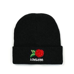Reason Brand Loveless Black Beanie with Red Flower Embroidery OS NWT BA-2727